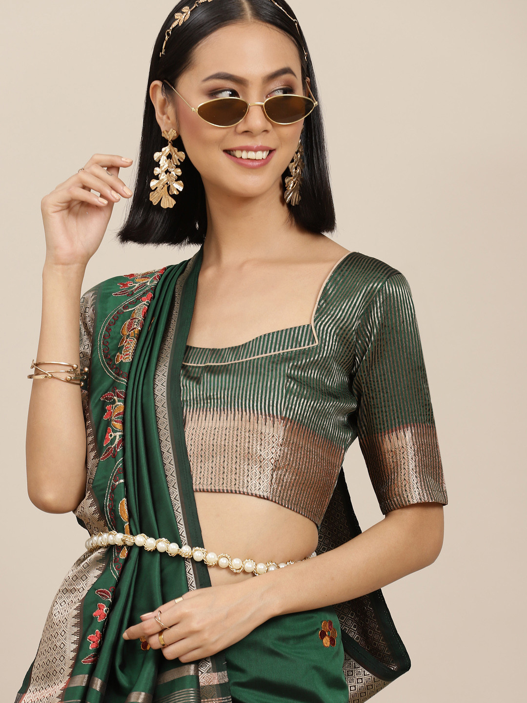 

RAJGRANTH Green Ethnic Motifs Zari Silk Cotton Saree