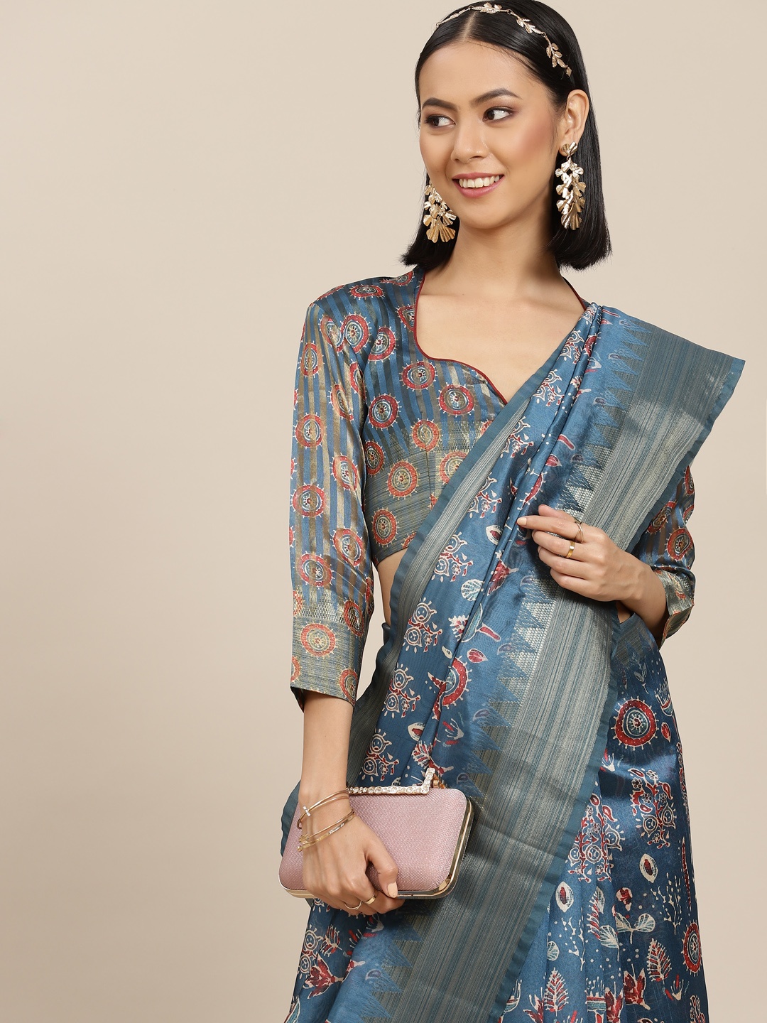 

RAJGRANTH Blue Ethnic Motifs Zari Silk Cotton Saree