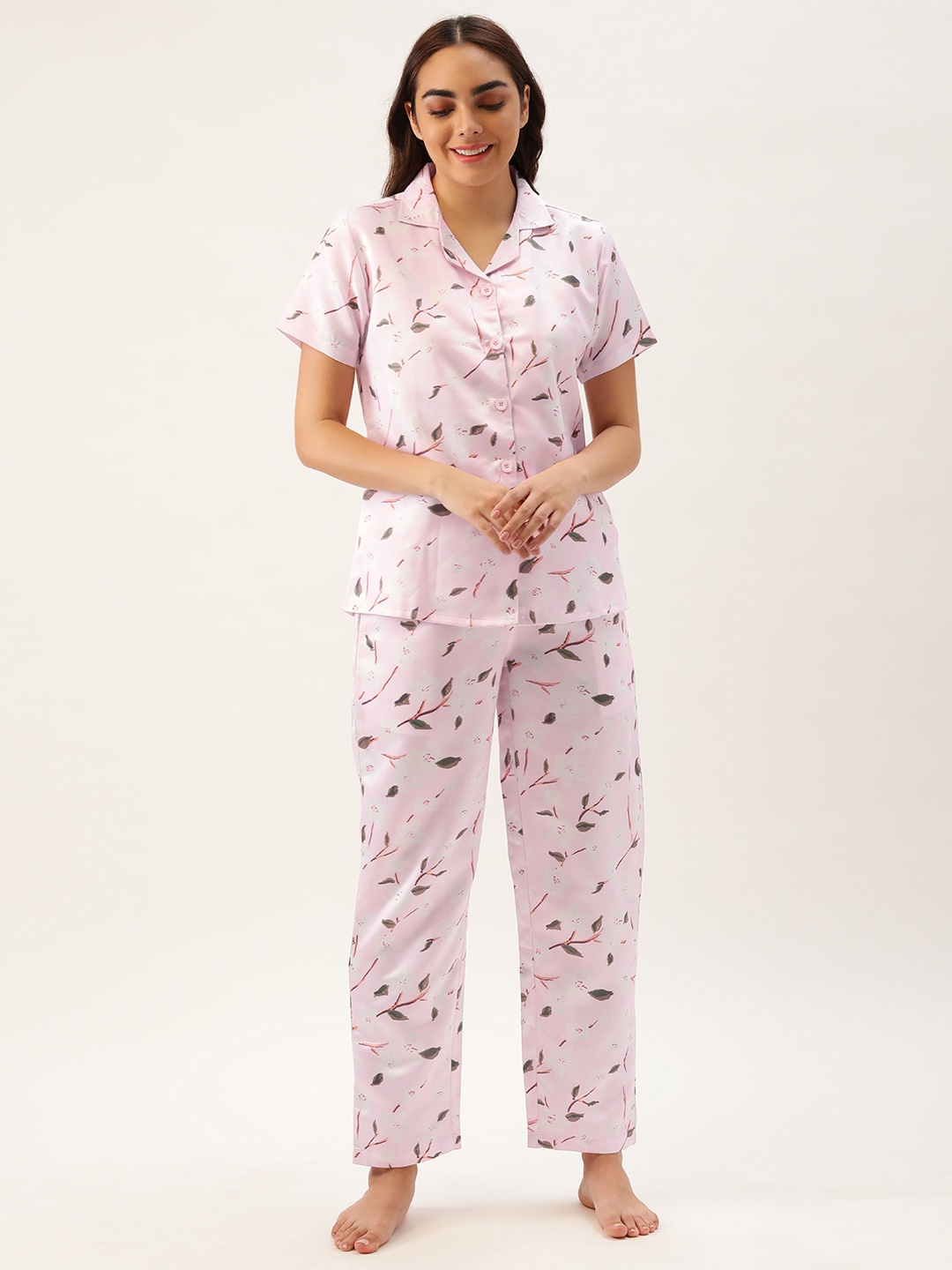 

Clt.s Women Pink Satin Floral Print Night Suit