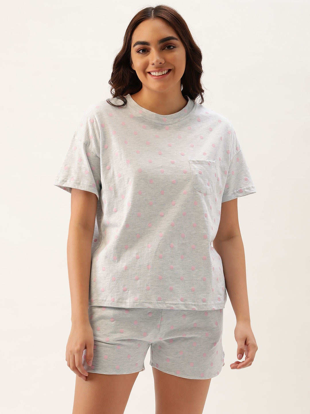 

Clt.s Women Grey Melange & Pink Polka Dots Printed Pure Cotton Shorts Set
