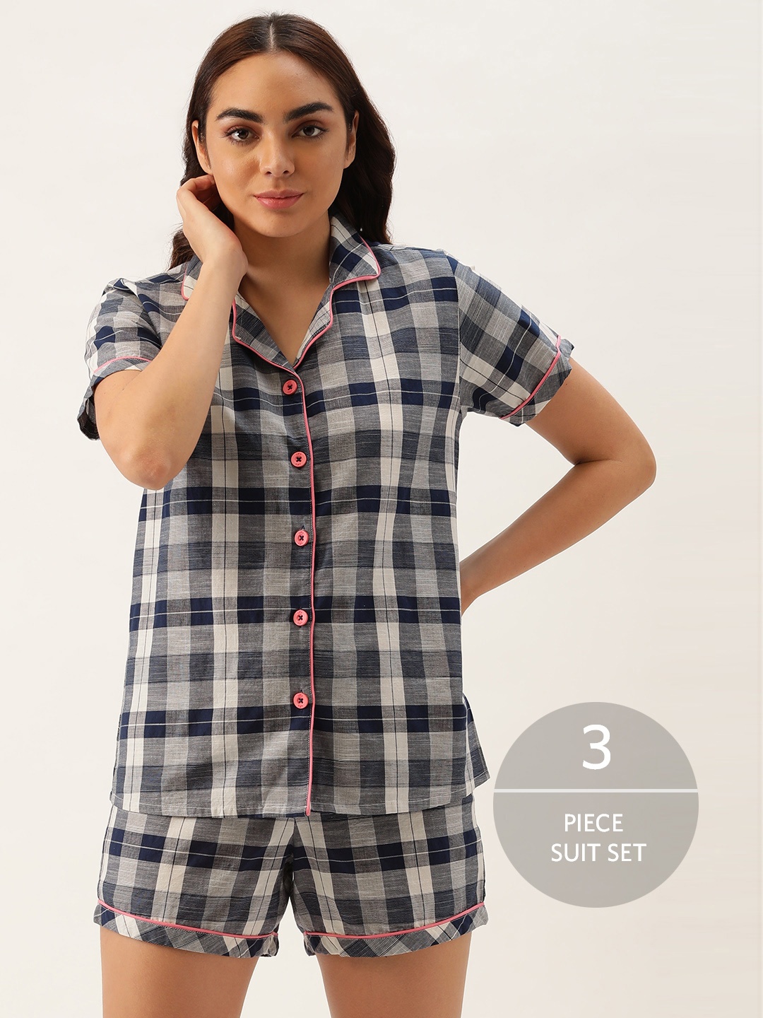 

Clt.s Women Blue & Grey Pure Cotton Checked 3-Piece Nightsuit Set