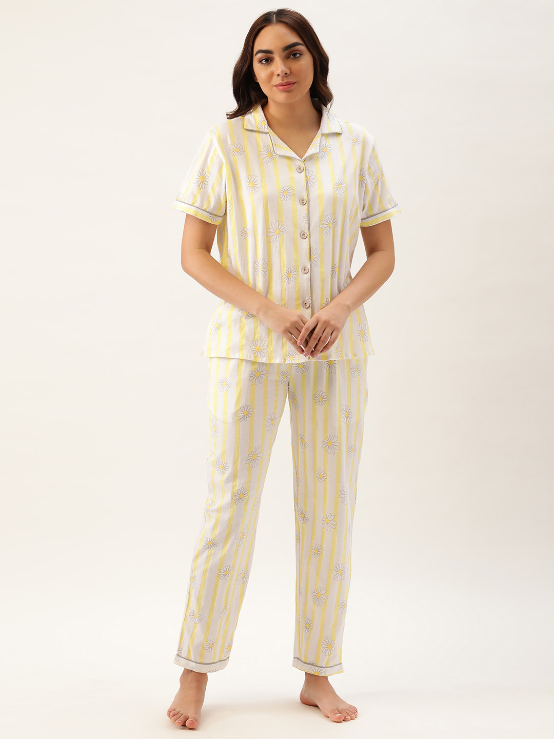 

Clt.s Women White & Yellow Striped Pure Cotton Night Suit