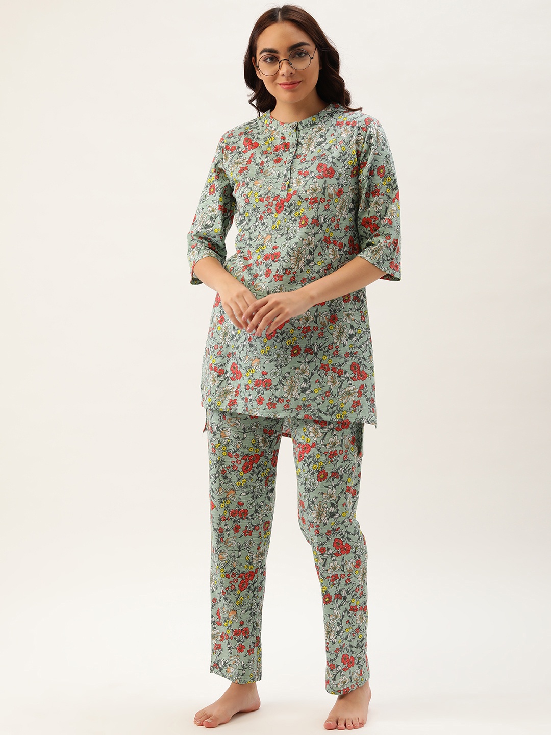 

Clt.s Women Green Pure Cotton Floral Print Pyjama Set