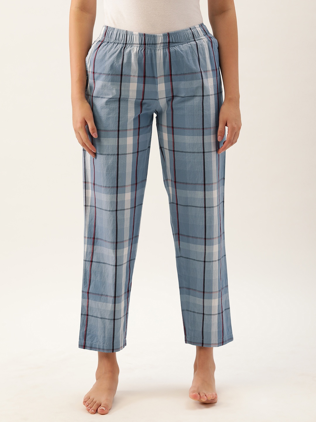 

Clt.s Women Blue & White Pure Cotton Checked Lounge Pants