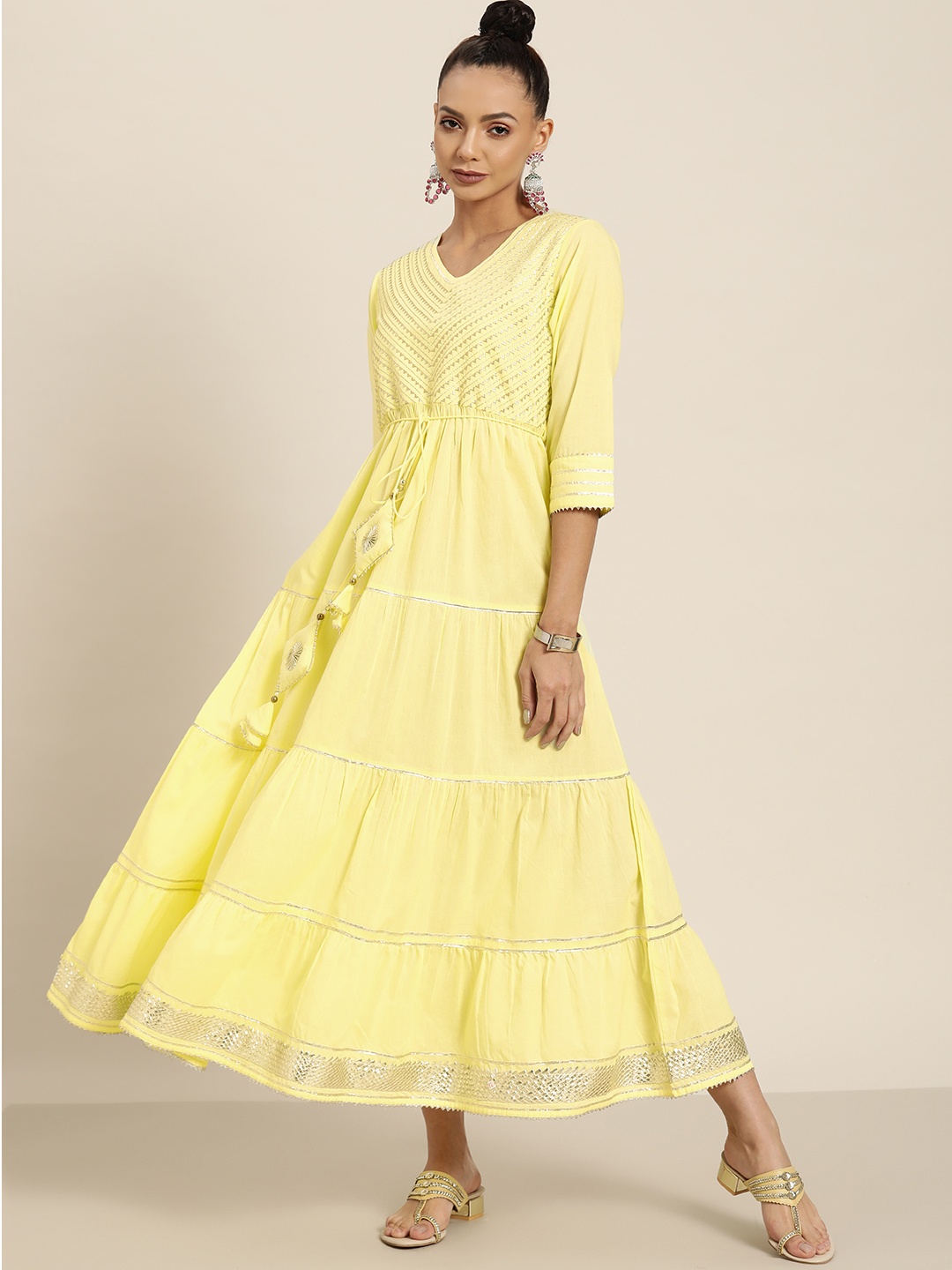 

Juniper Women Yellow Pure Cotton Solid Gotta Patti Tiered Maxi A-Line Dress