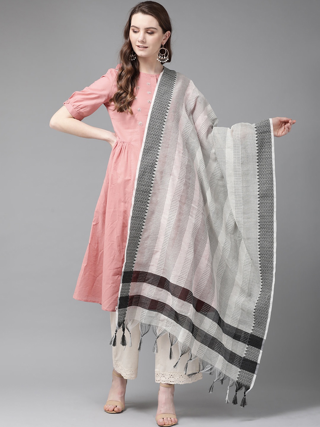 

Juniper Off White & Black Striped Chanderi Cotton Dupatta