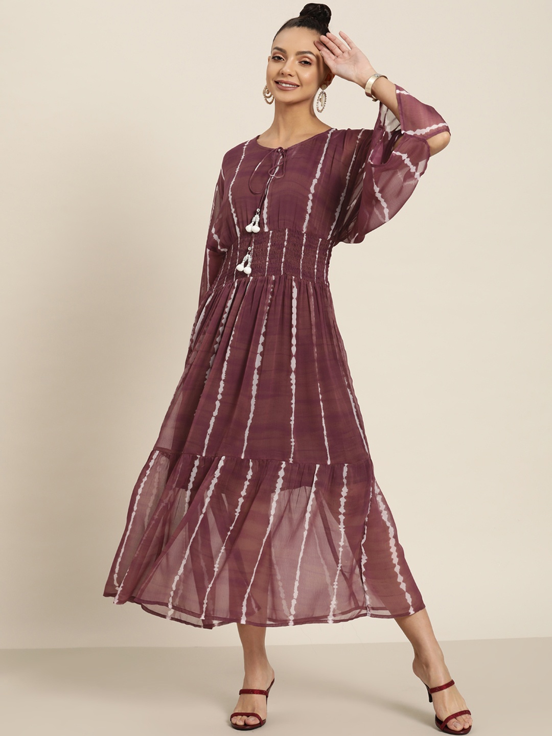 

Juniper Maroon & White Tie and Dye Dyed Ethnic A-Line Midi Dress
