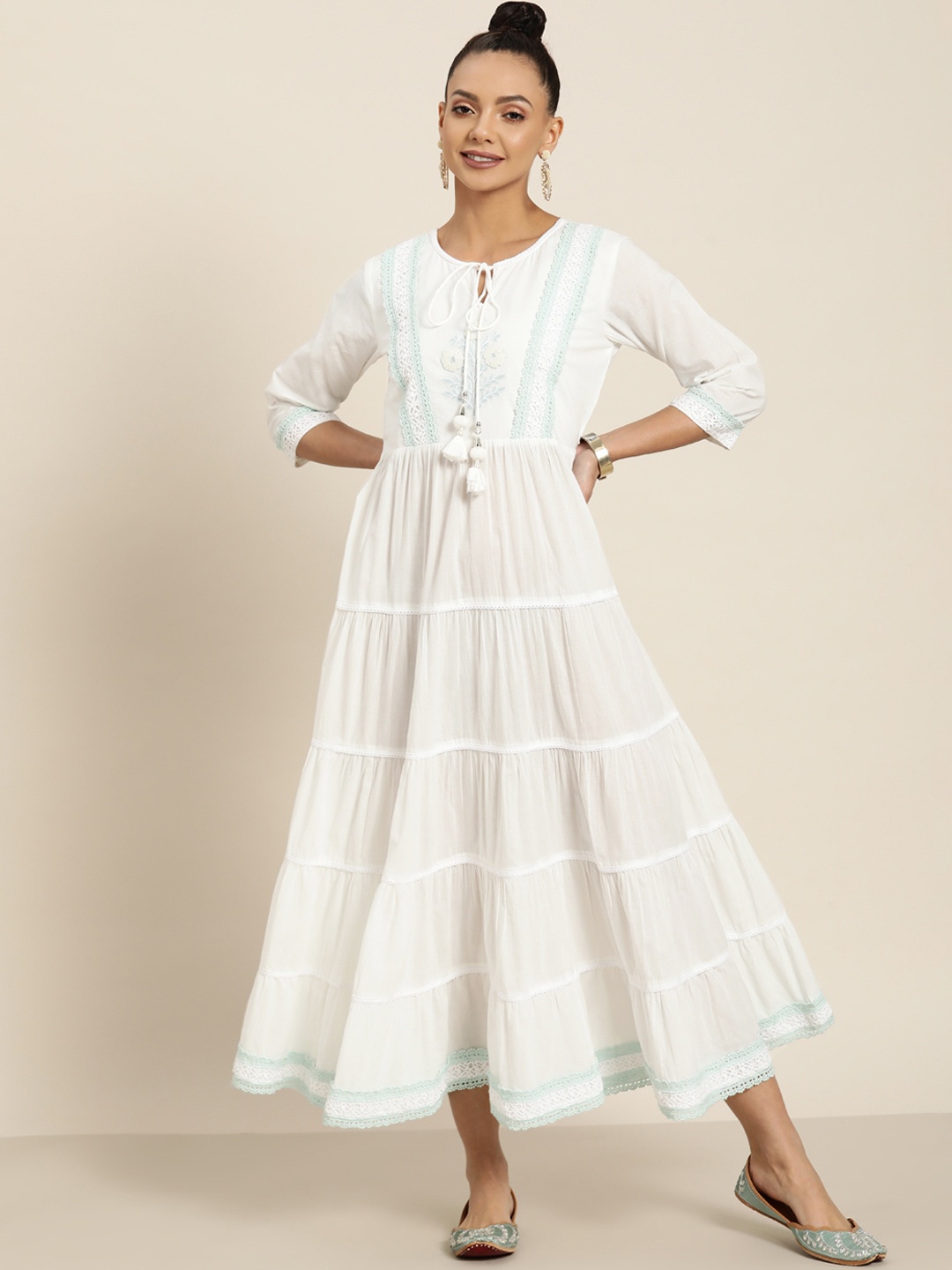 

Juniper White Ethnic Motifs Embroidered Tie-Up Neck Ethnic A-Line Midi Dress