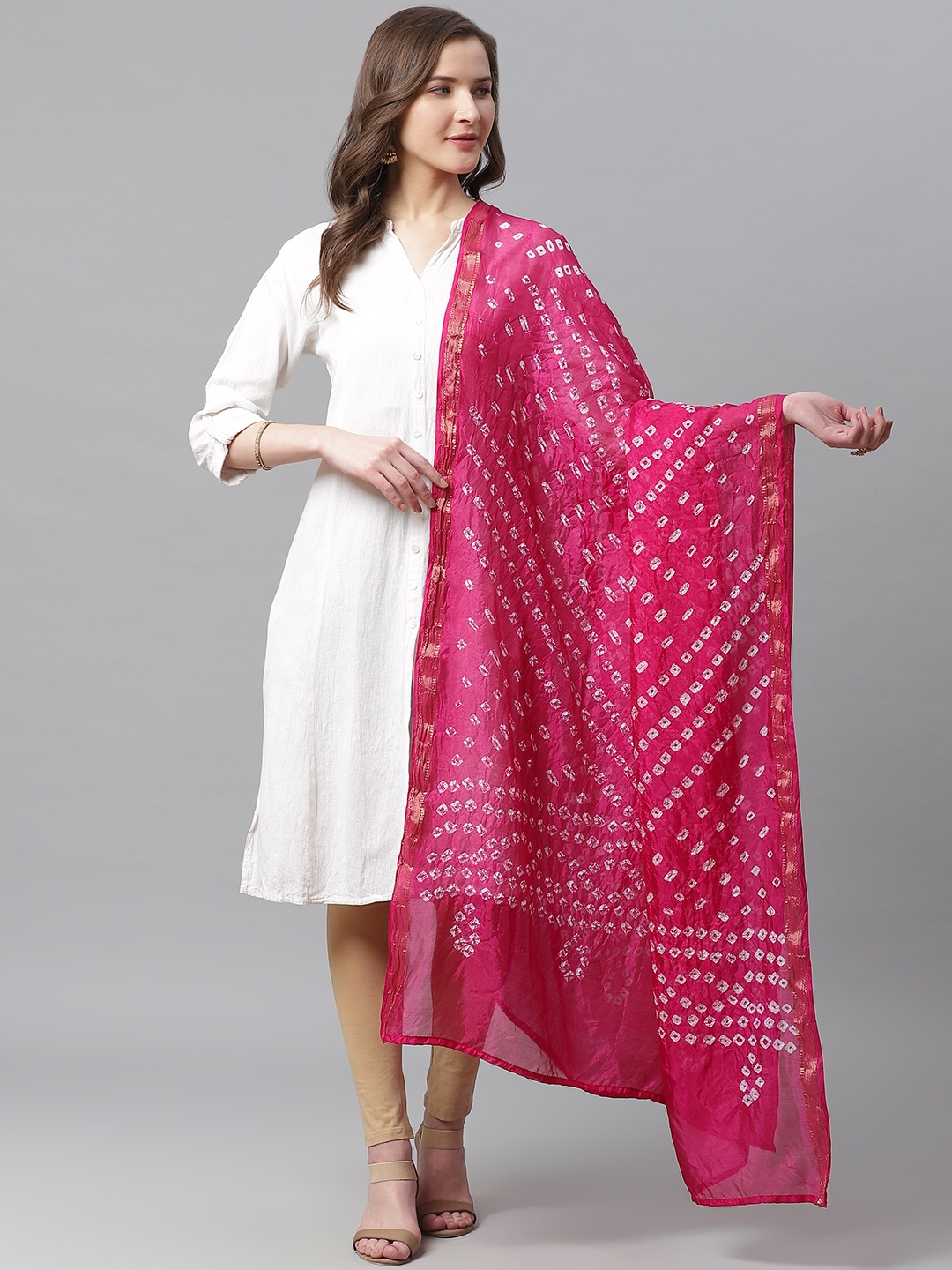 

Juniper Pink & White Printed Bandhani Dupatta