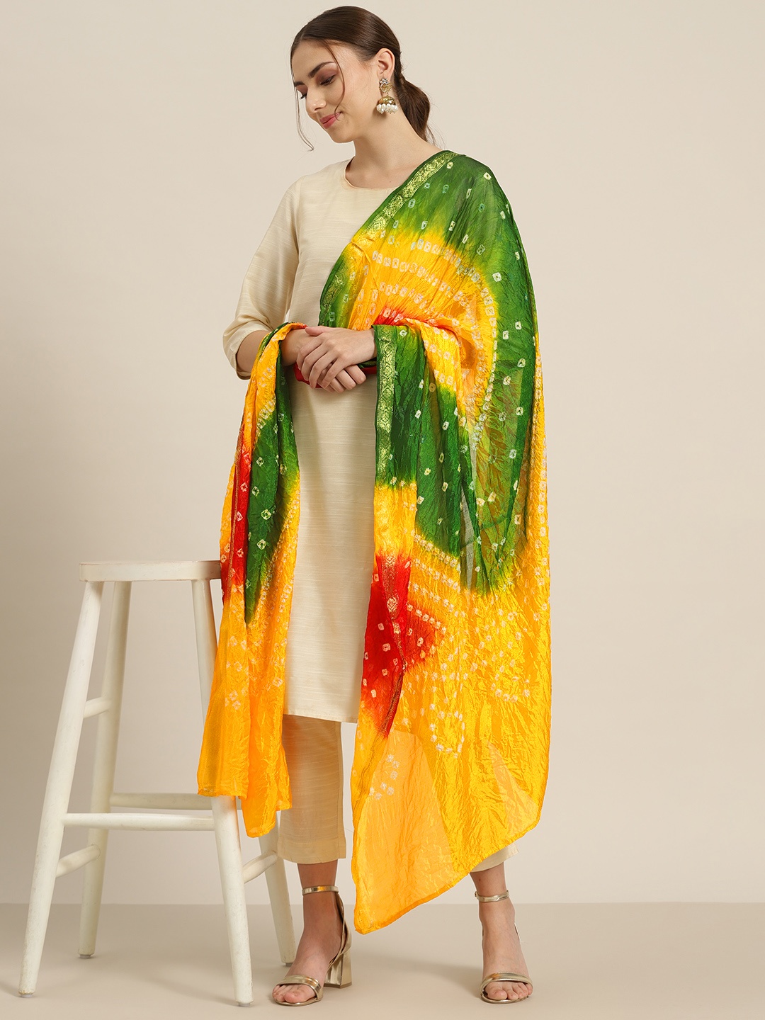 

Juniper Mustard & Green Printed Bandhani Dupatta