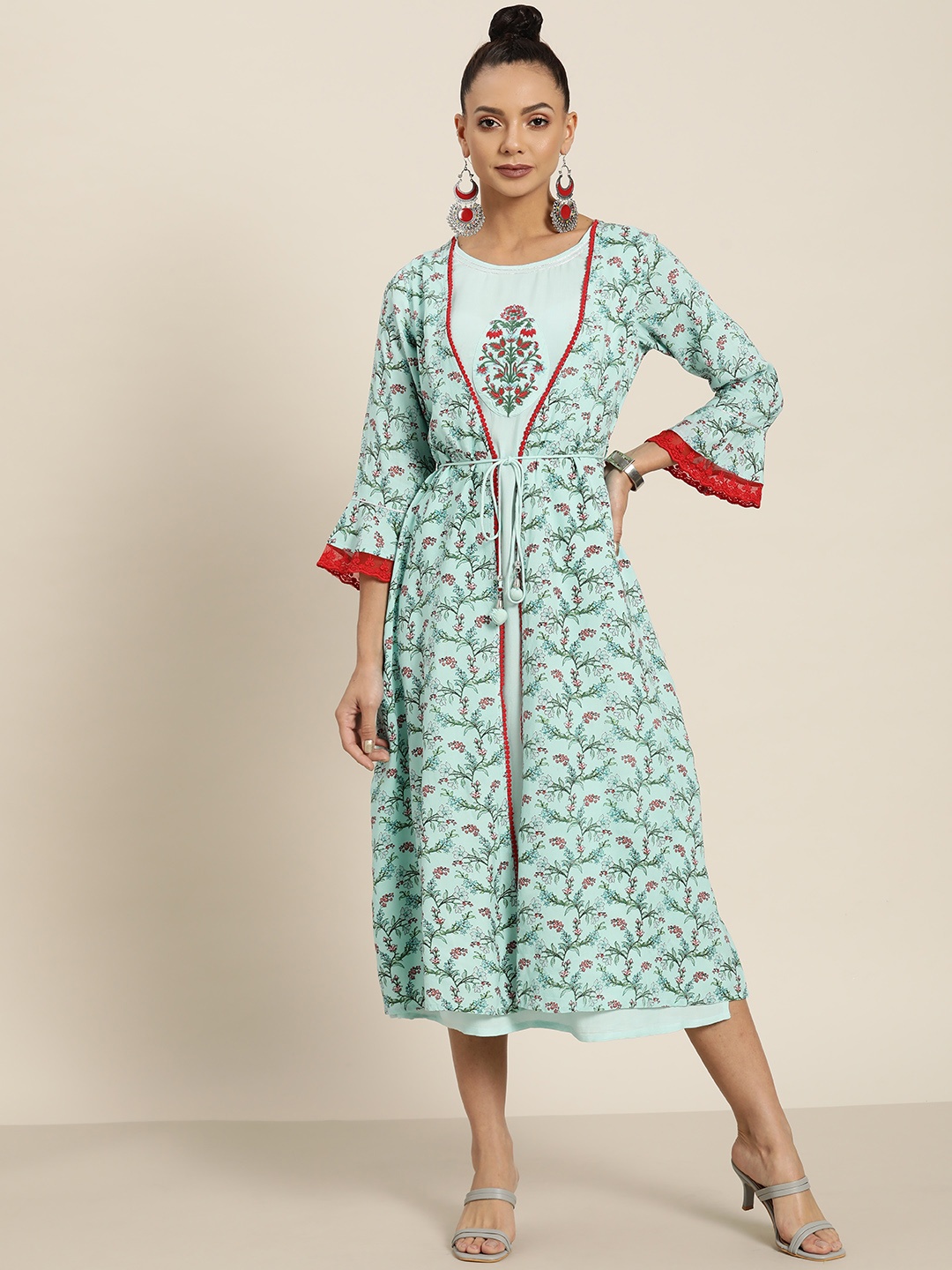 

Juniper Turquoise Blue & Orange Ethnic Motifs Ethnic Liva A-Line Midi Dress