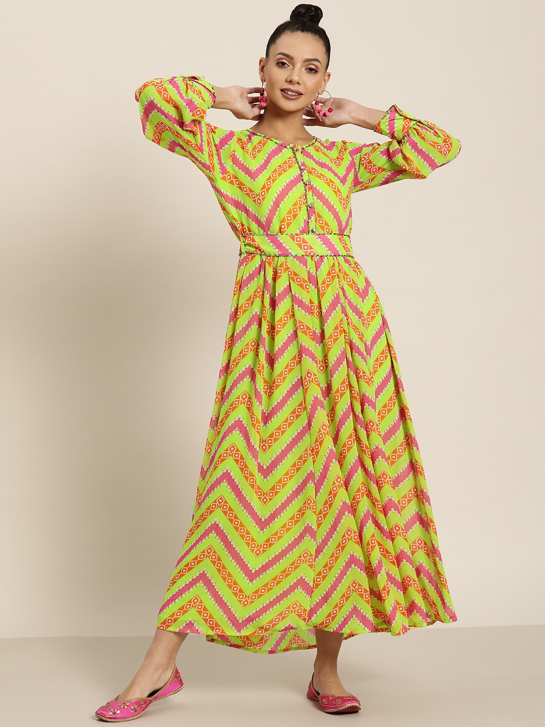 

Juniper Lime Green & Pink Georgette Ethnic A-Line Maxi Dress