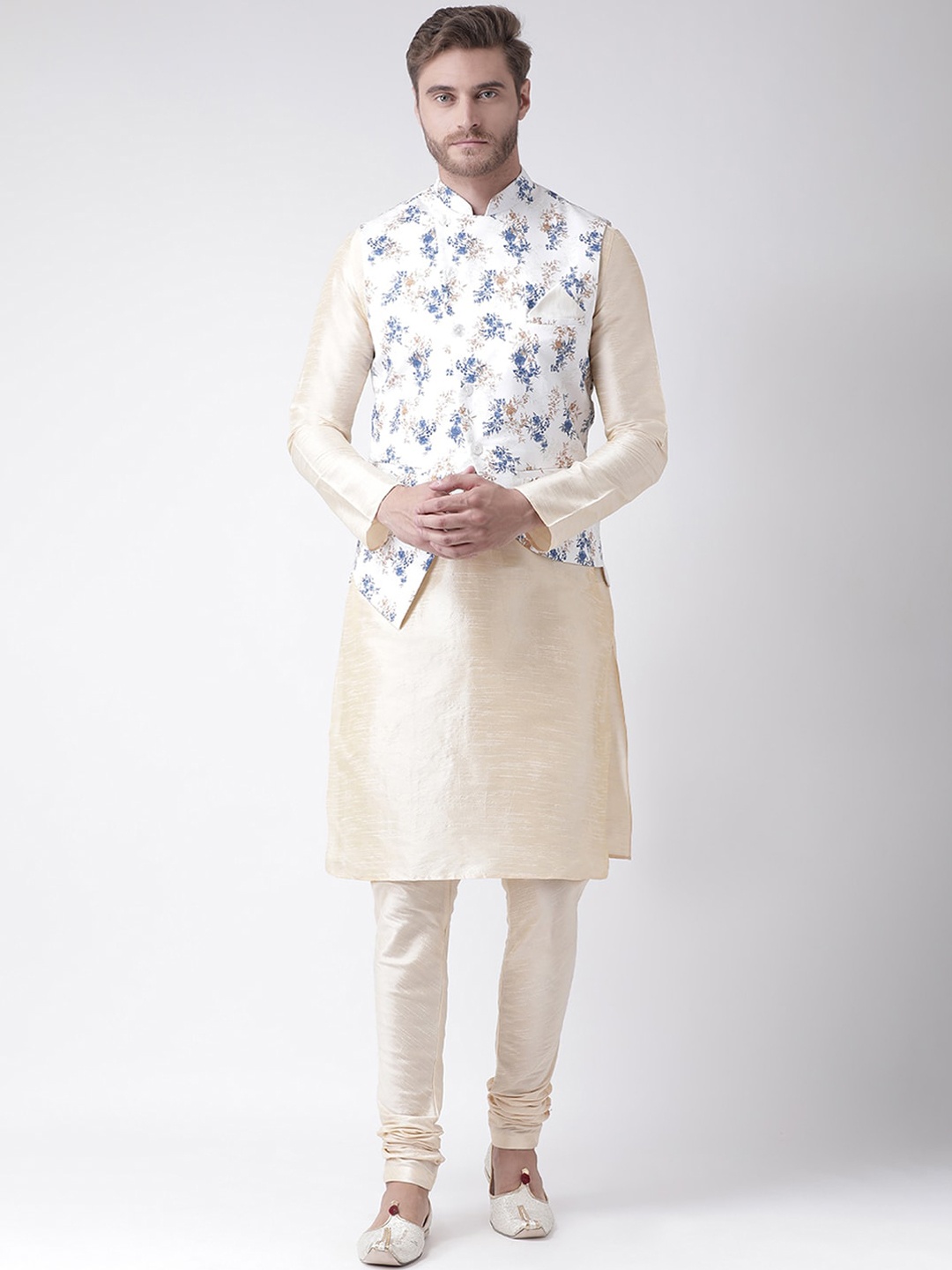 

DEYANN Men White Floral Dupion Silk Kurta with Churidar