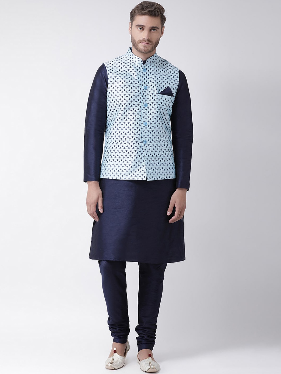 

DEYANN Men Blue Layered Dupion Silk Kurta with Churidar