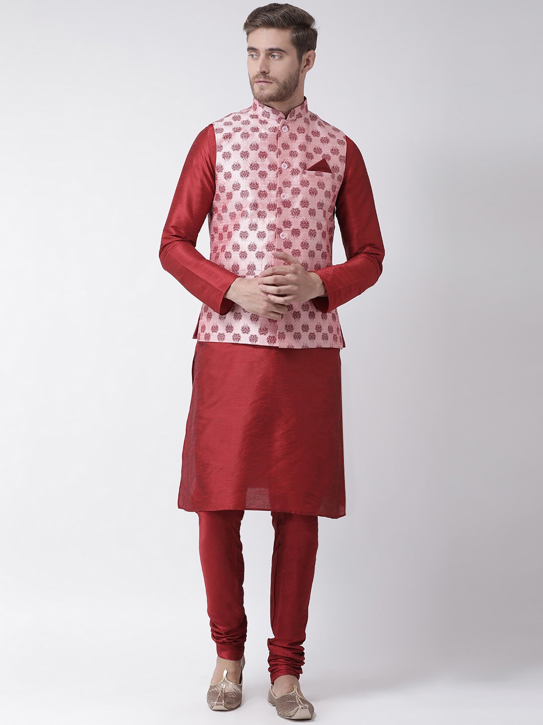 

DEYANN Men Peach-Coloured Paisley Angrakha Dupion Silk Kurta with Churidar