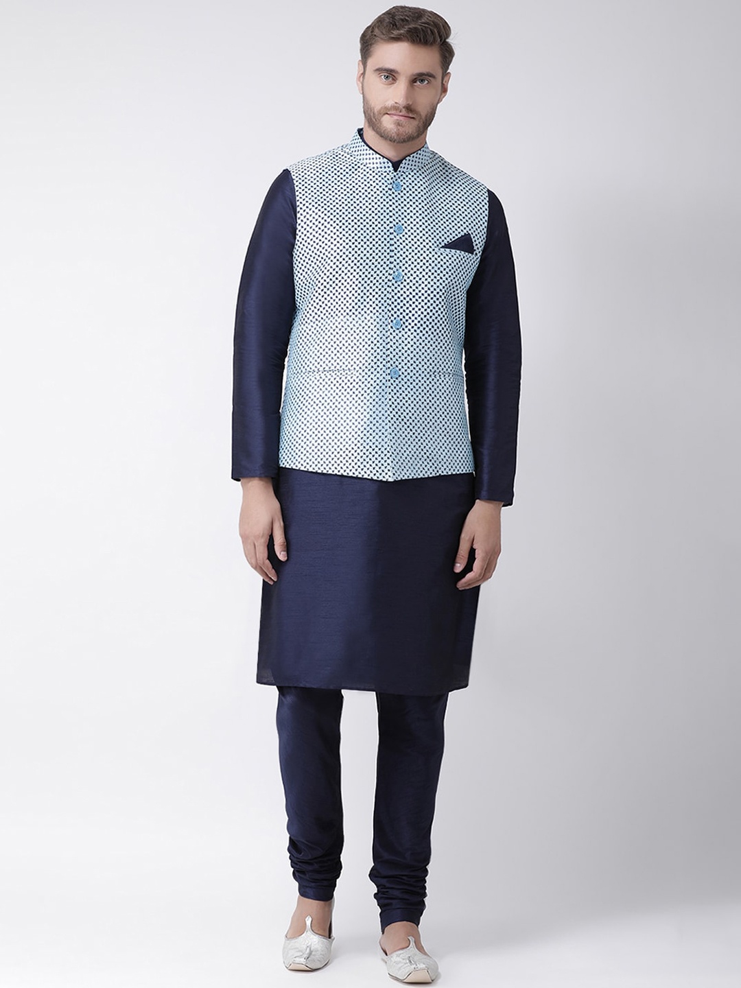 

DEYANN Men Blue Layered Dupion Silk Kurta with Churidar