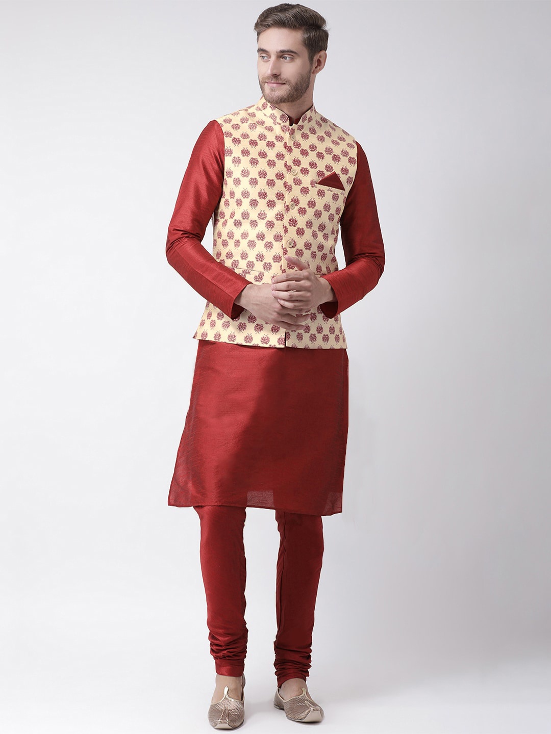 

DEYANN Men Cream-Coloured Floral Angrakha Dupion Silk Kurta with Churidar