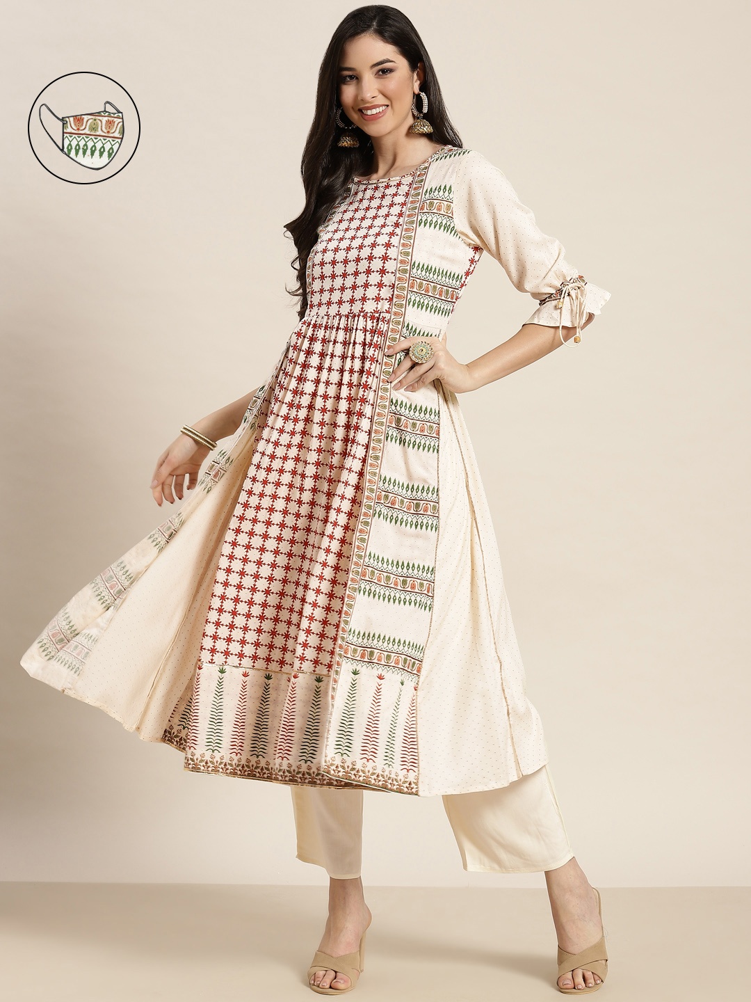 

Juniper Women Off White & Red Ethnic Motifs Printed Layered A-Line Kurta