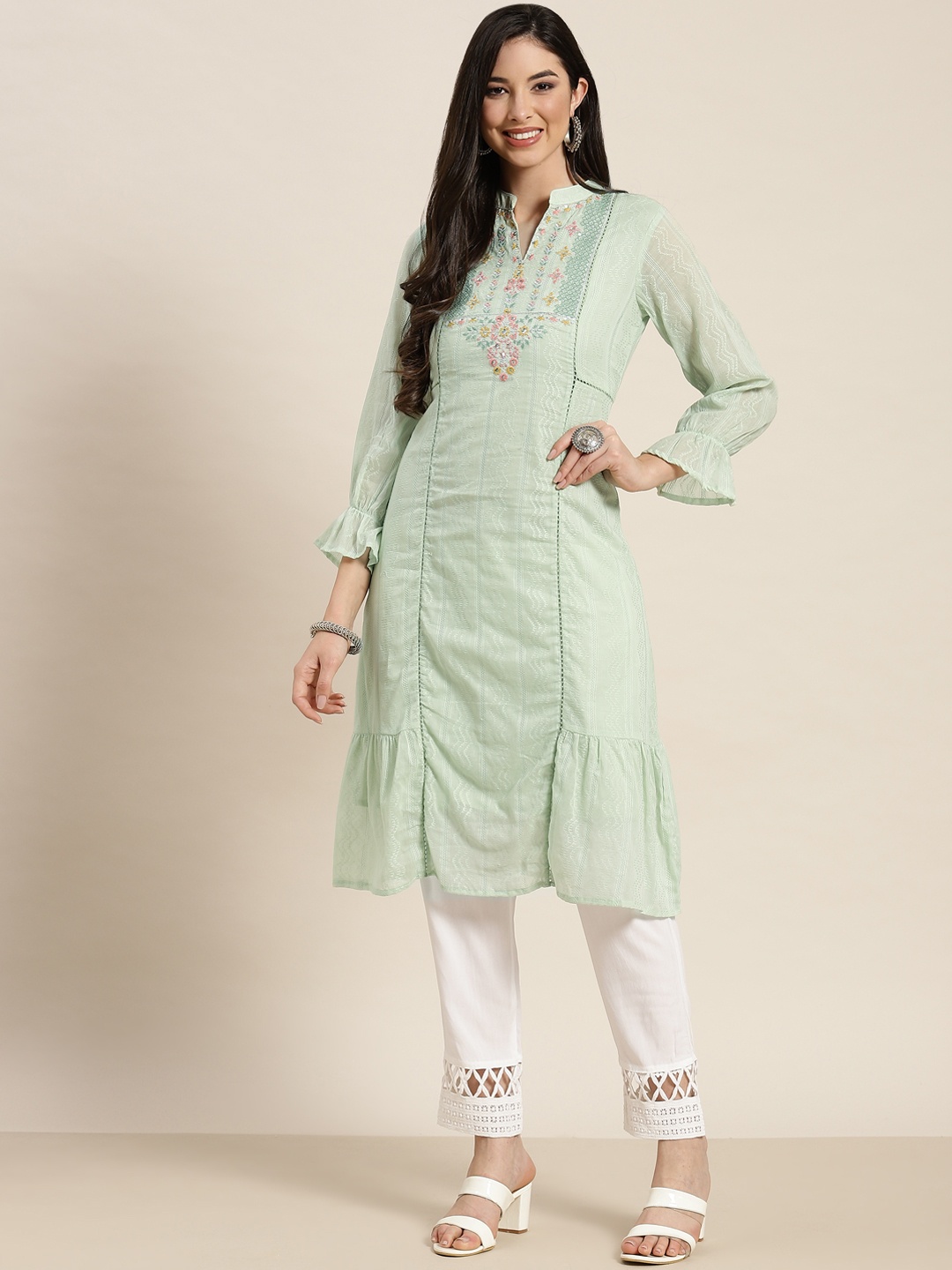

Juniper Women Sea Green Yoke Design Kurta