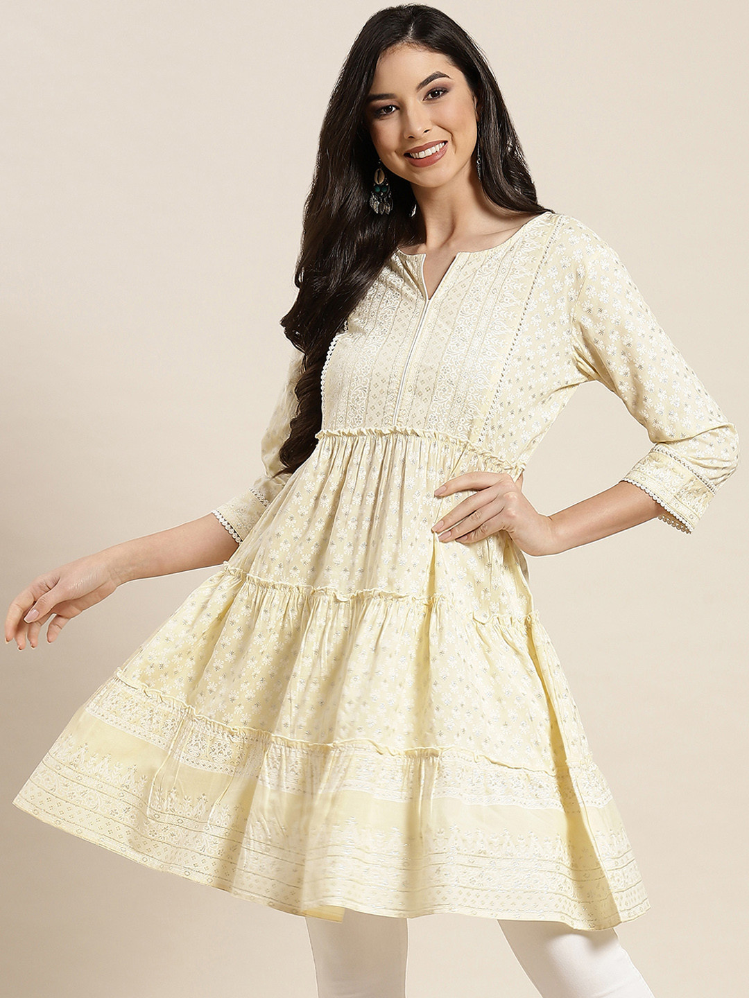 

Juniper Women Yellow Ethnic Motifs Printed Tiered Anarkali Kurta