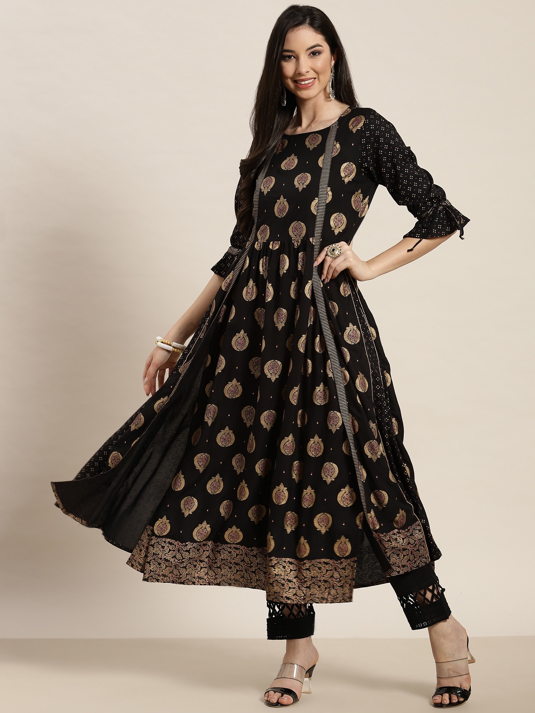 

Juniper Women Black & Gold-Toned Ethnic Motifs Printed Anarkali Kurta