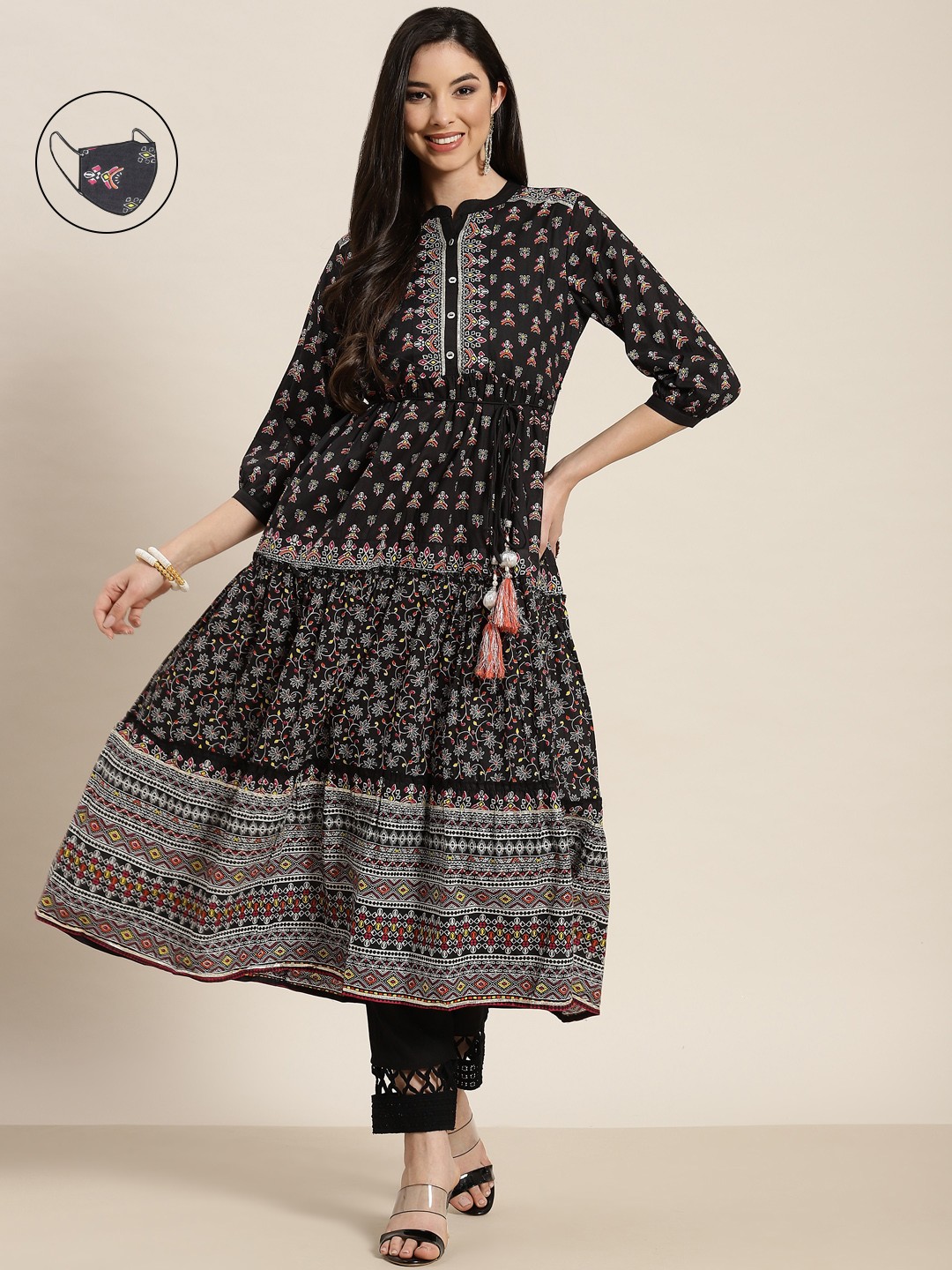 

Juniper Women Black Ethnic Motifs Printed Anarkali Kurta