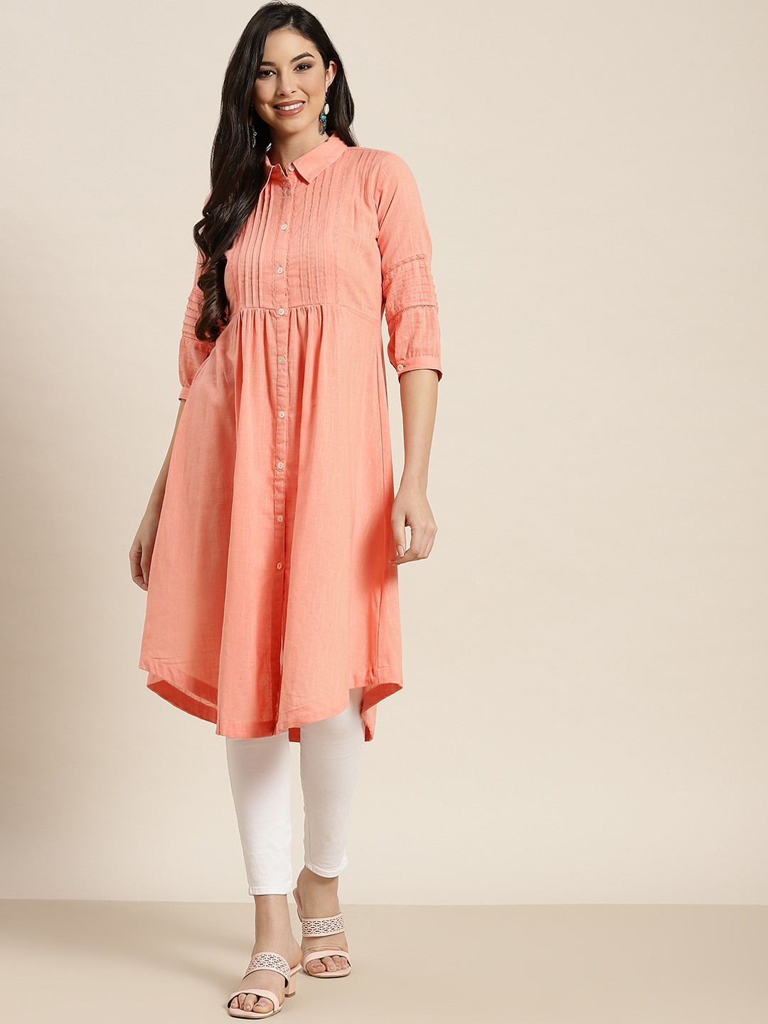 

Juniper Women Dusty Pink Solid Lace Inserts Pure Cotton Kurta, Rose