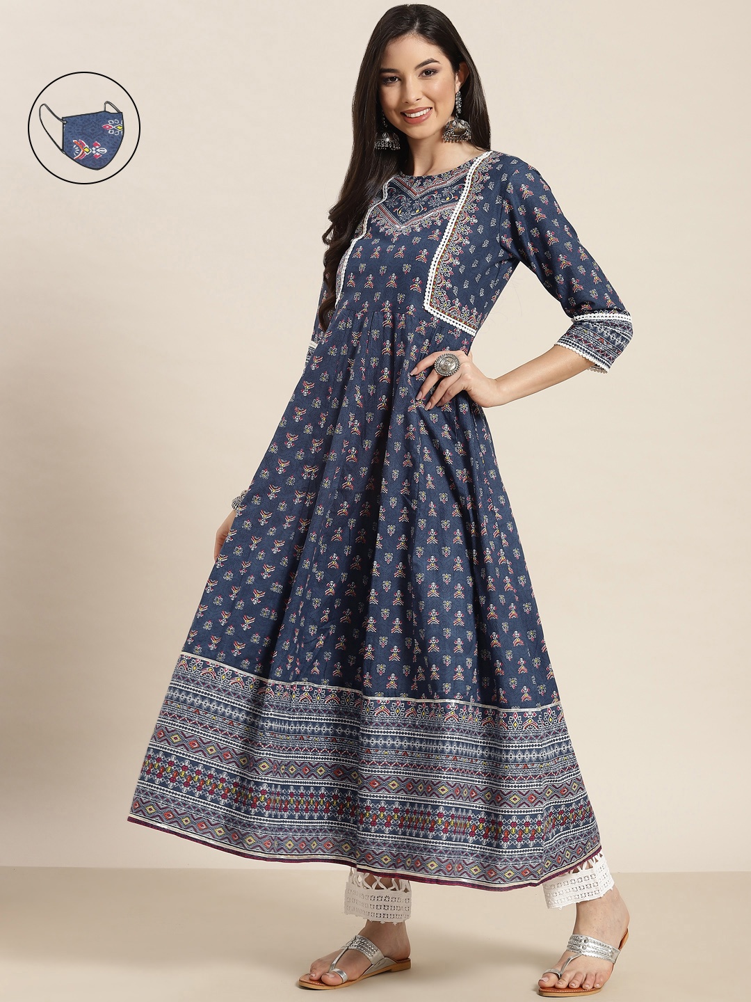 

Juniper Women Navy Blue Ethnic Motifs Printed Anarkali Kurta