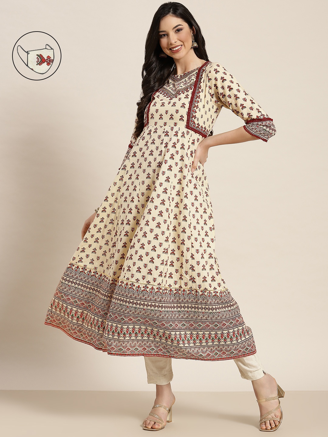 

Juniper Women Cream-Coloured & Maroon Ethnic Motifs Printed Anarkali Kurta