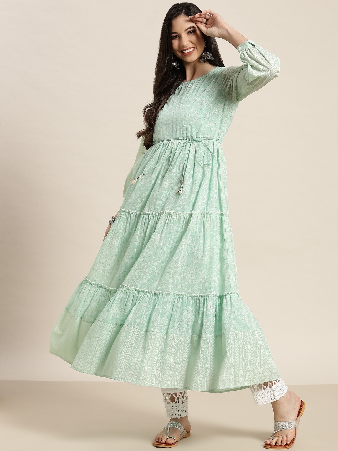 

Juniper Women Sea Green Floral Printed Georgette Kurta