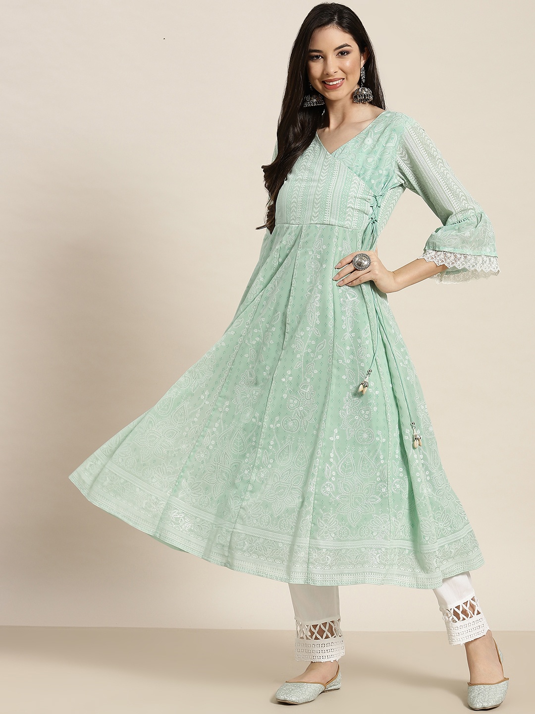 

Juniper Women Green & White Ethnic Motifs Printed Georgette Angrakha Kurta