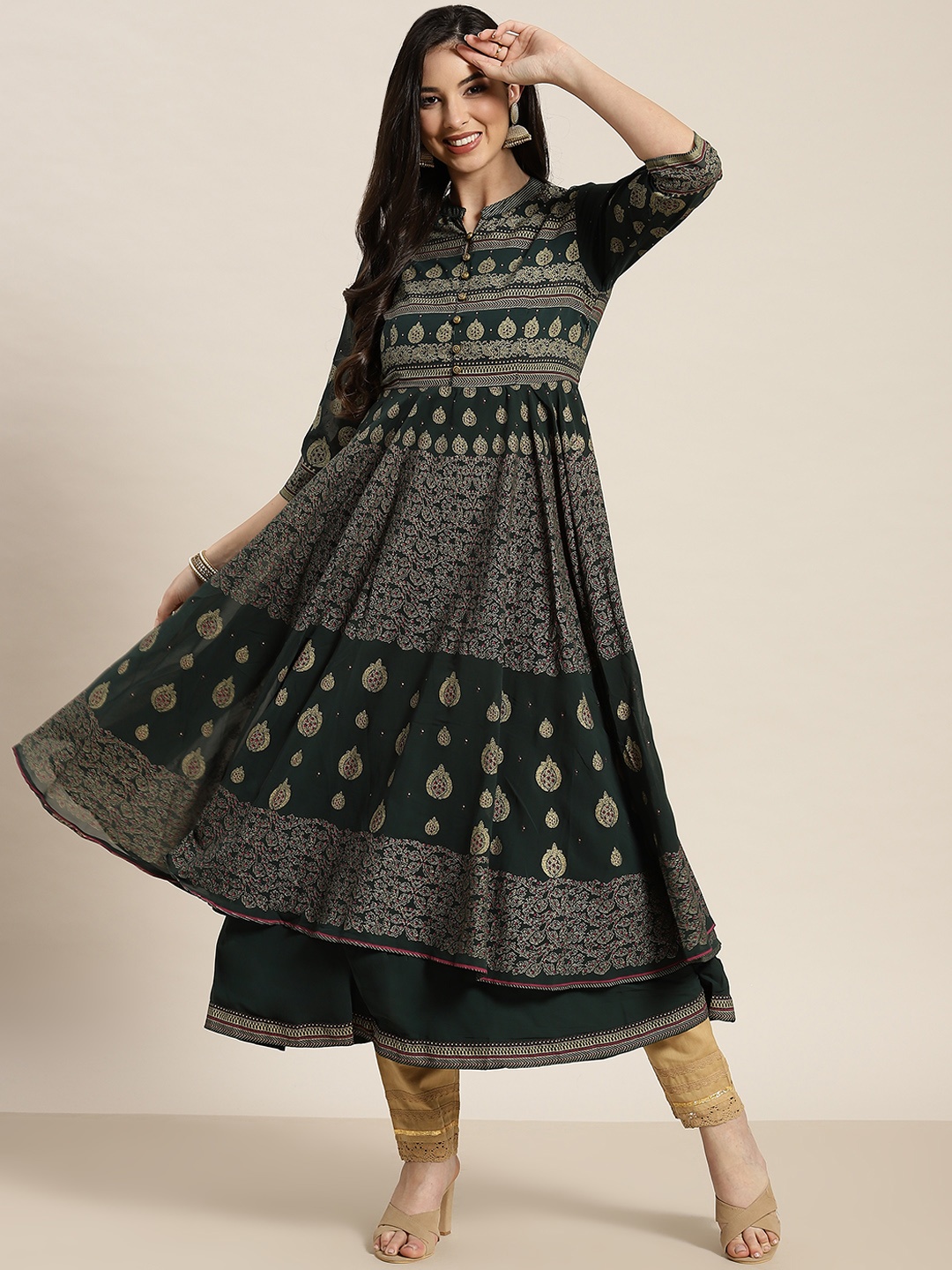 

Juniper Women Green & White Ethnic Motifs Printed Georgette Layered Anarkali Kurta