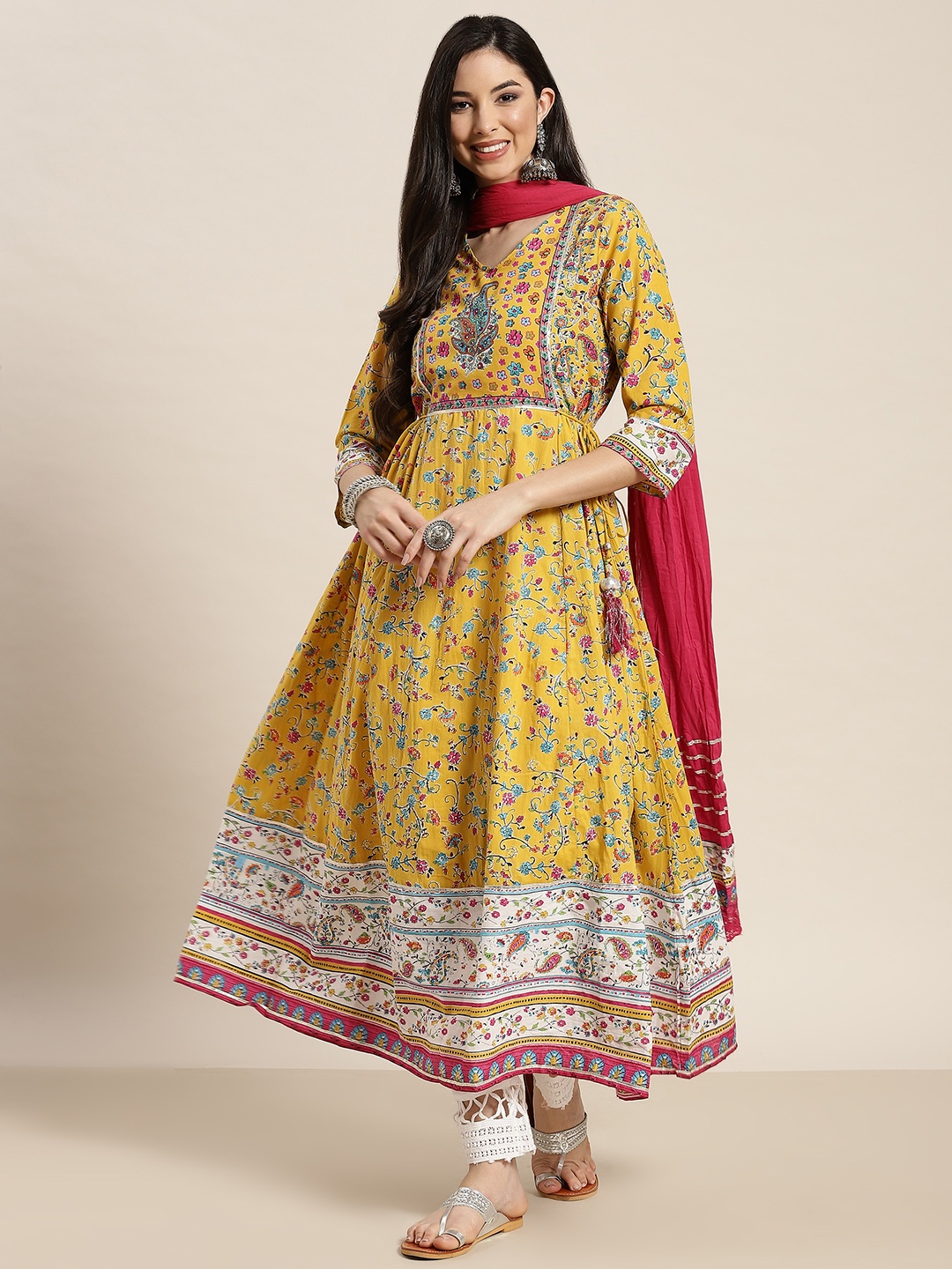 

Juniper Women Mustard Yellow & Blue Ethnic Motifs Printed Anarkali Kurta