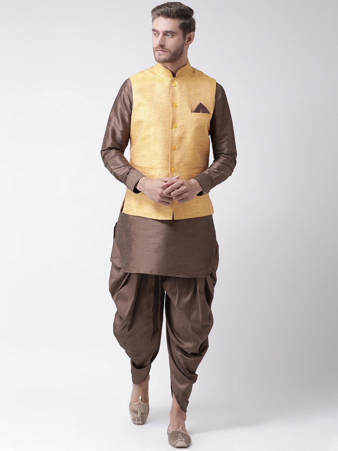 

DEYANN Men Yellow Layered Dupion Silk Kurta with Dhoti Pants