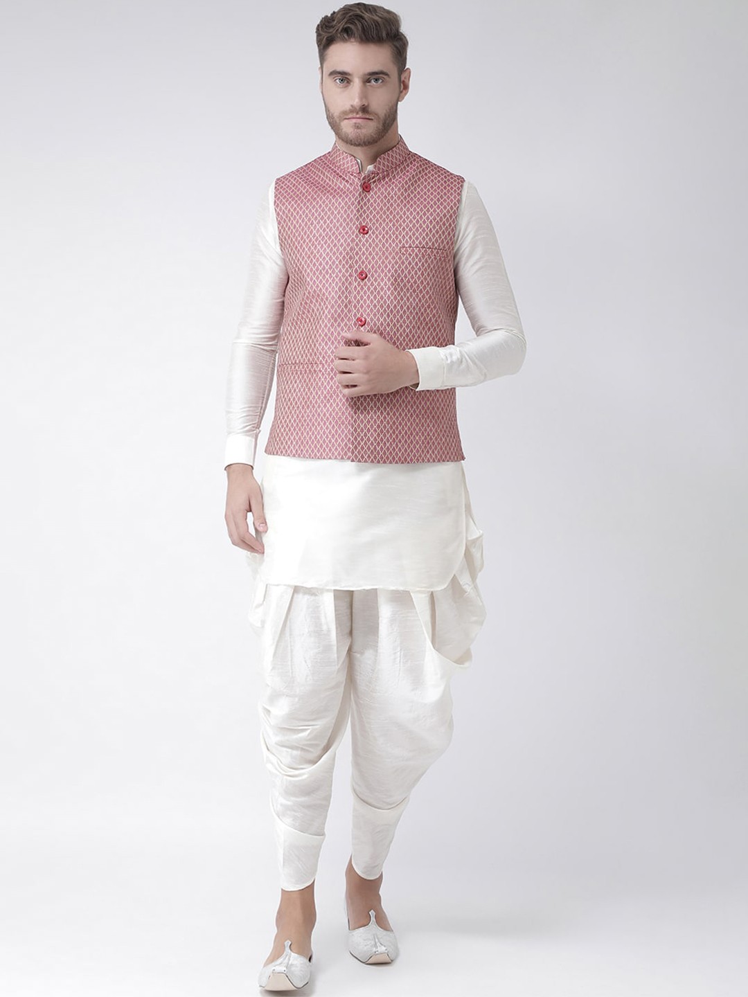 

DEYANN Men Pink Layered Dupion Silk Kurta with Patiala