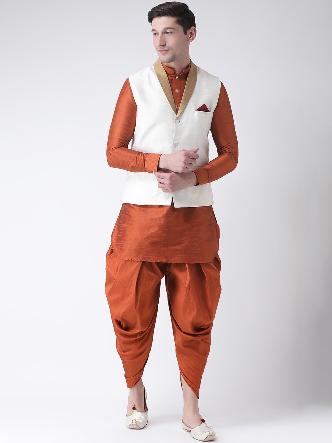 

DEYANN Men Off White Layered Dupion Silk Top with Dhoti Pants