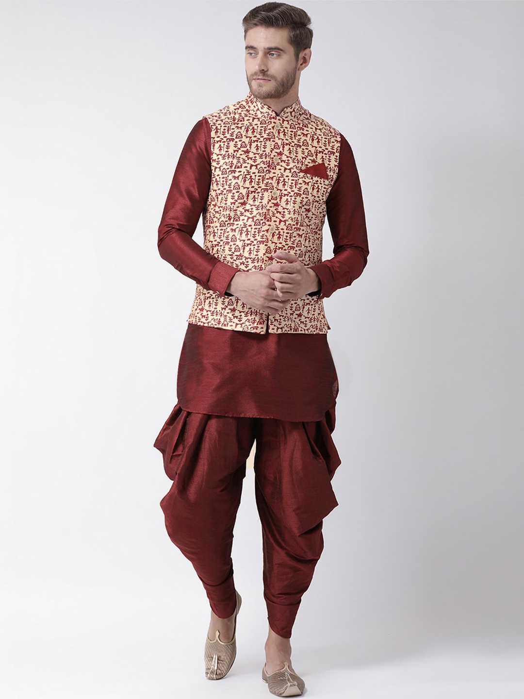 

DEYANN Men Peach-Coloured Layered Dupion Silk Kurta with Patiala