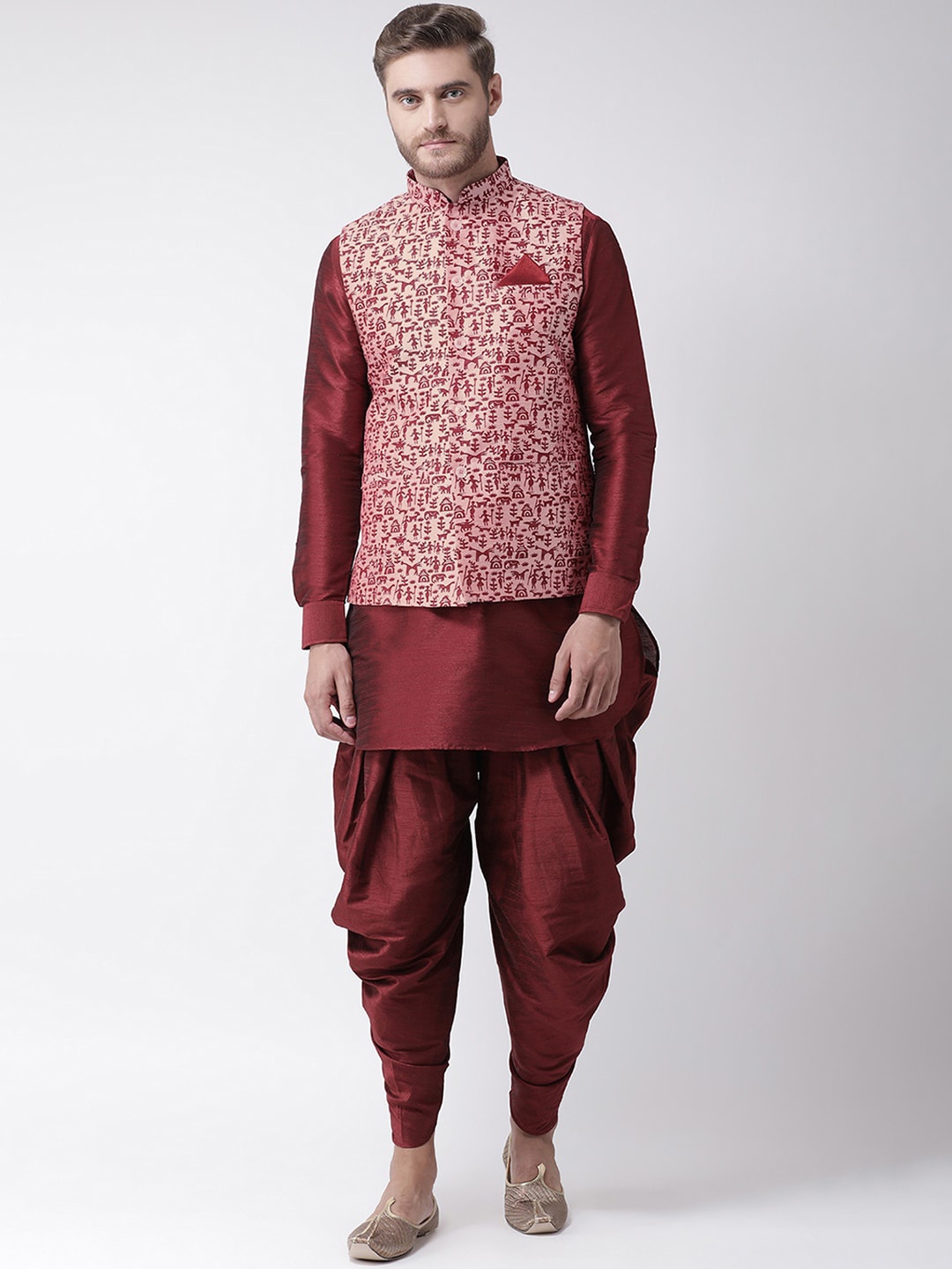 

DEYANN Men Peach-Coloured Paisley Layered Dupion Silk Kurta with Patiala