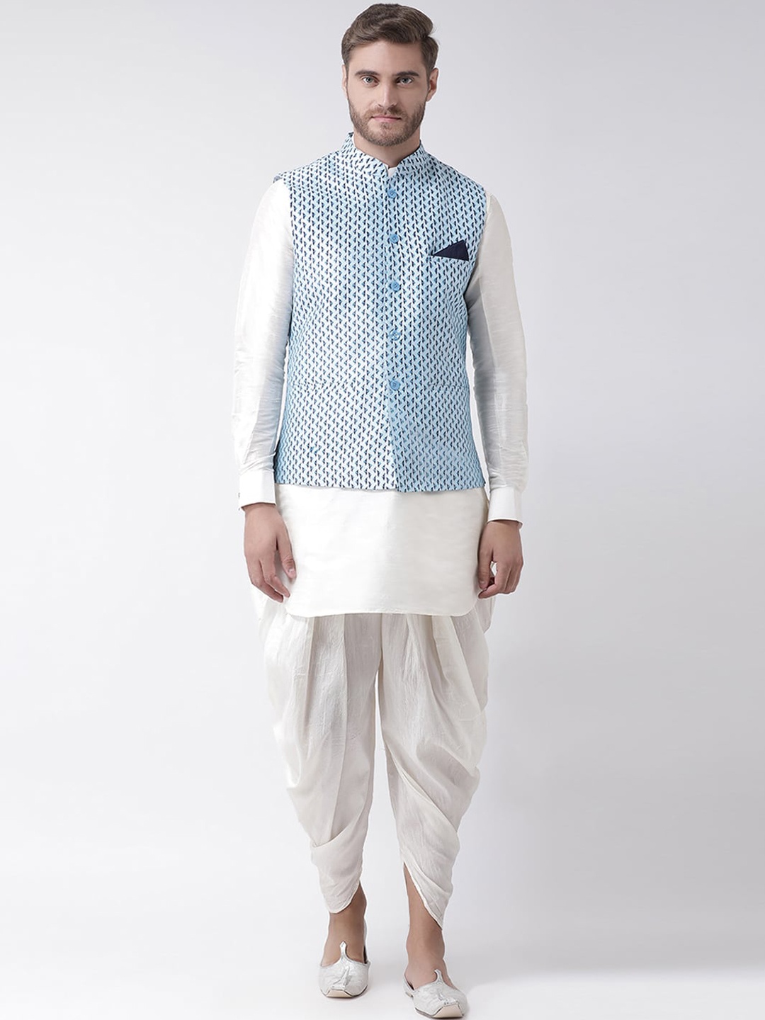 

DEYANN Men Blue Ethnic Motifs Dupion Silk Kurta with Dhoti Pants