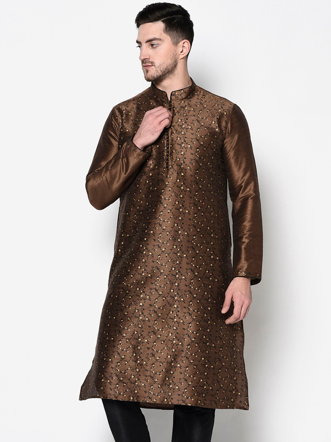 

DEYANN Men Brown Angrakha Dupion Silk Kurta with Pyjamas