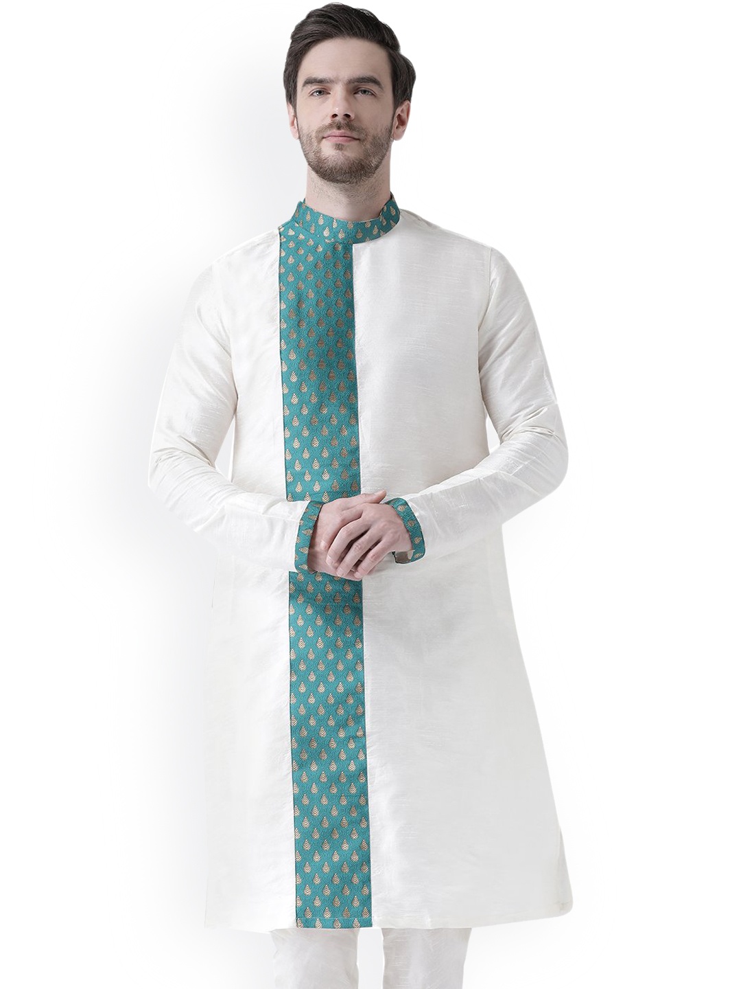 

DEYANN Men Off White Panelled Dupion Silk Kurta with Pyjamas