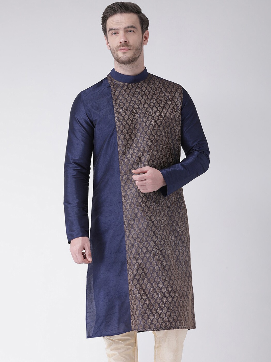 

DEYANN Men Navy Blue Panelled Dupion Silk Kurta with Churidar