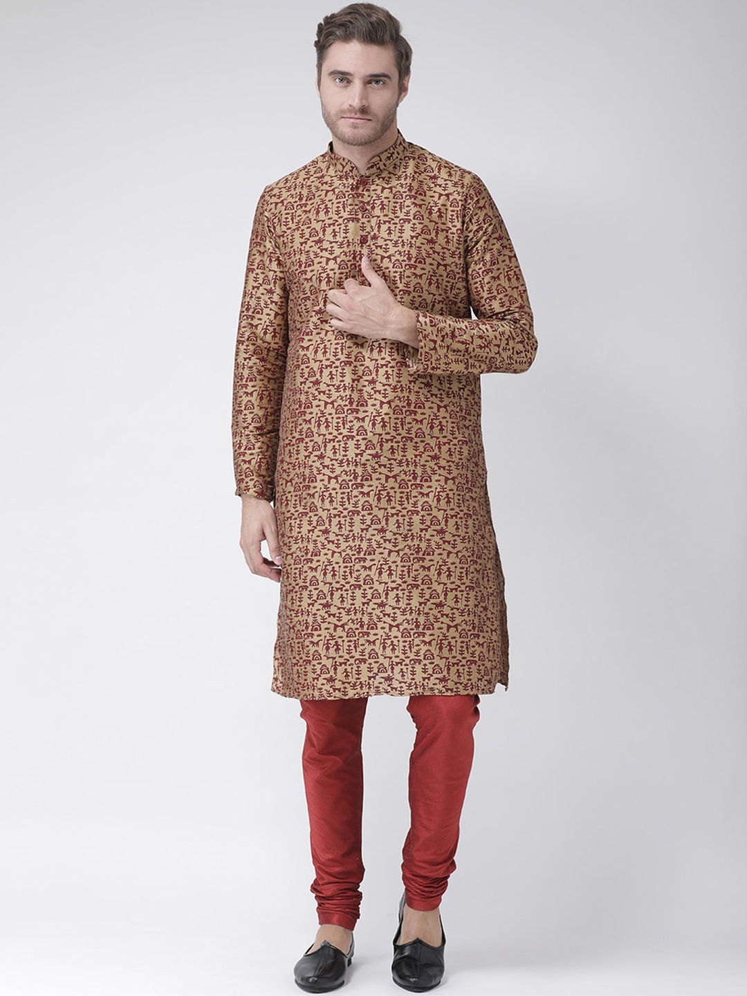 

DEYANN Men Brown Floral Dupion Silk Kurta with Churidar