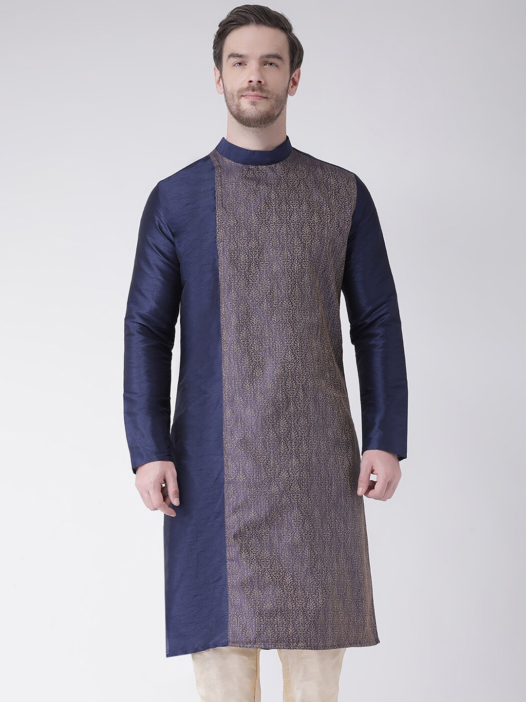 

DEYANN Men Navy Blue Panelled Dupion Silk Kurta with Churidar