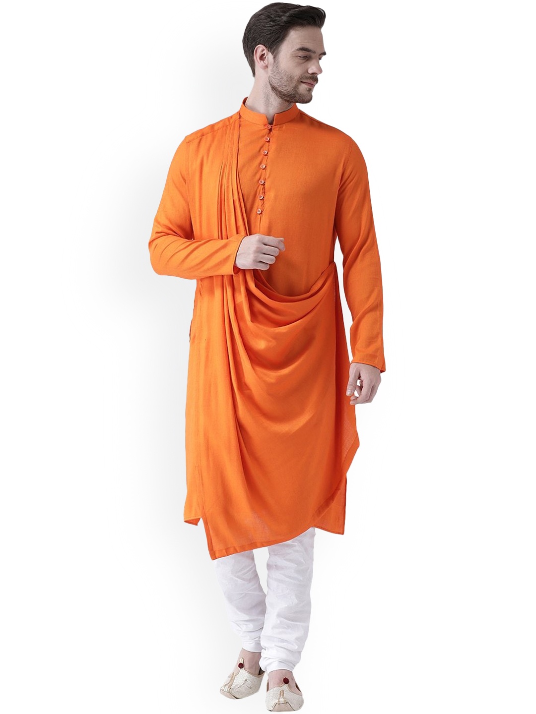 

DEYANN Men Orange Pleated Kurta with Churidar