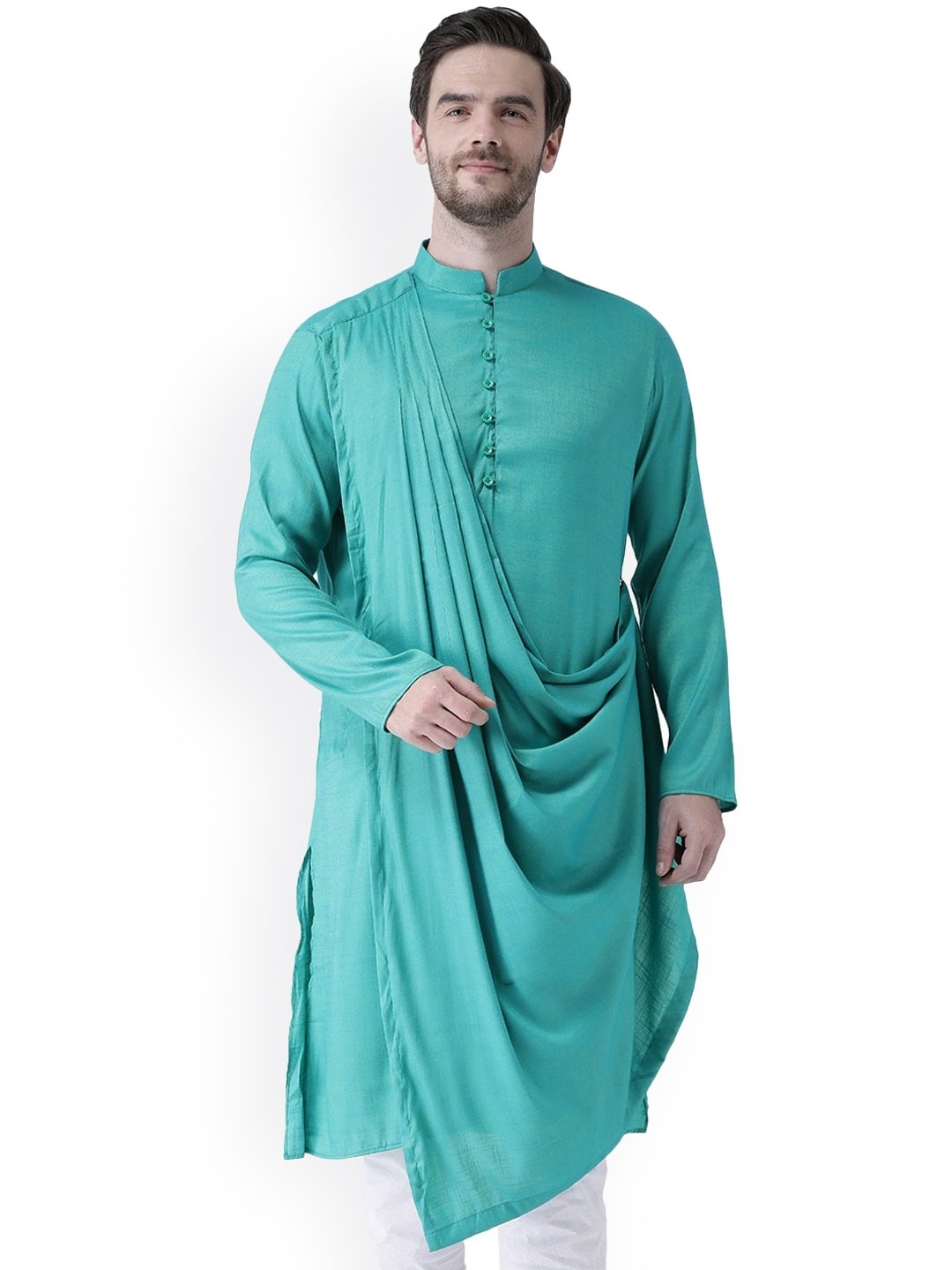 

DEYANN Men Green Pleated Kurta with Churidar