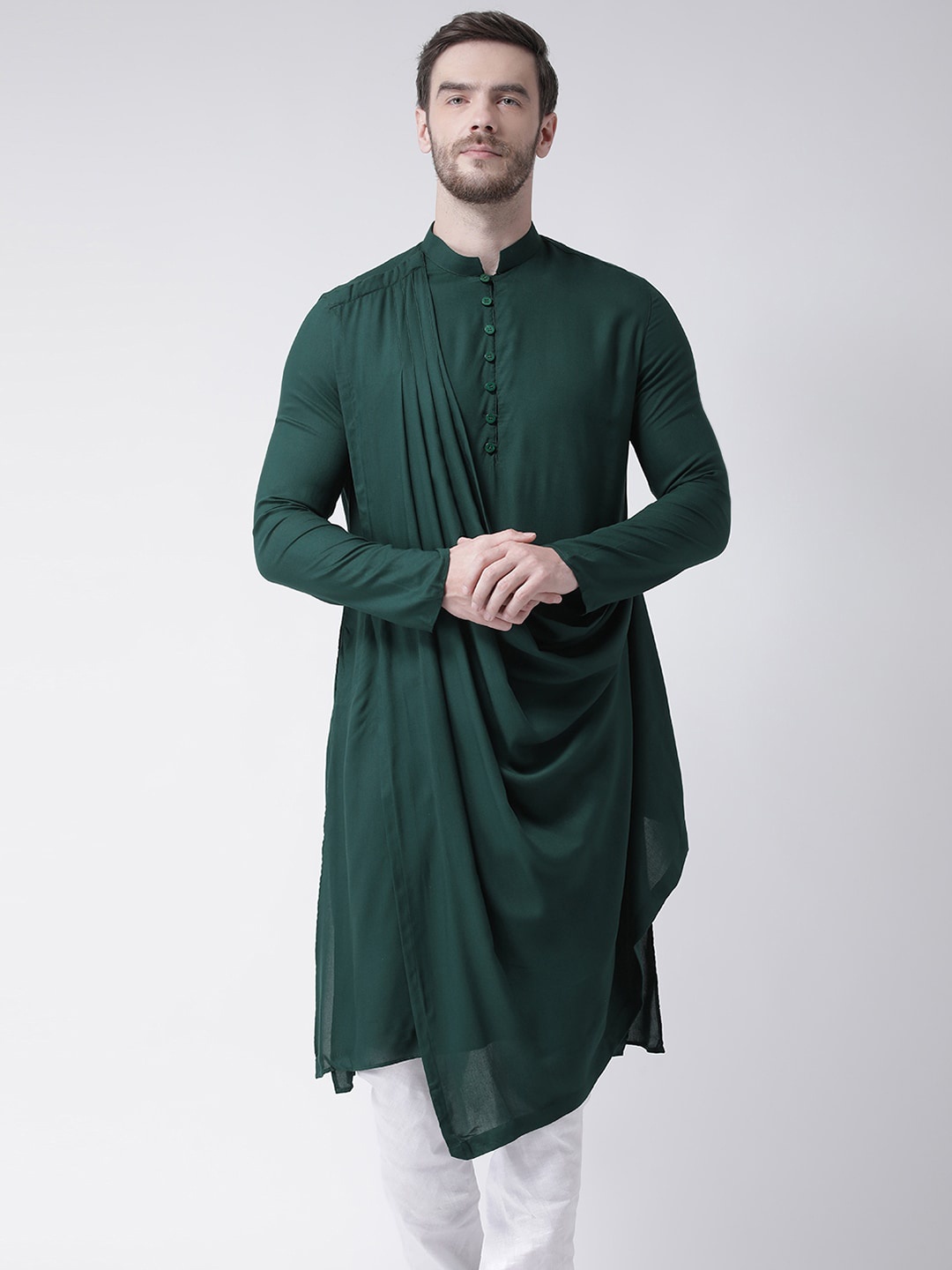 

DEYANN Men Green Pleated Kurta with Churidar