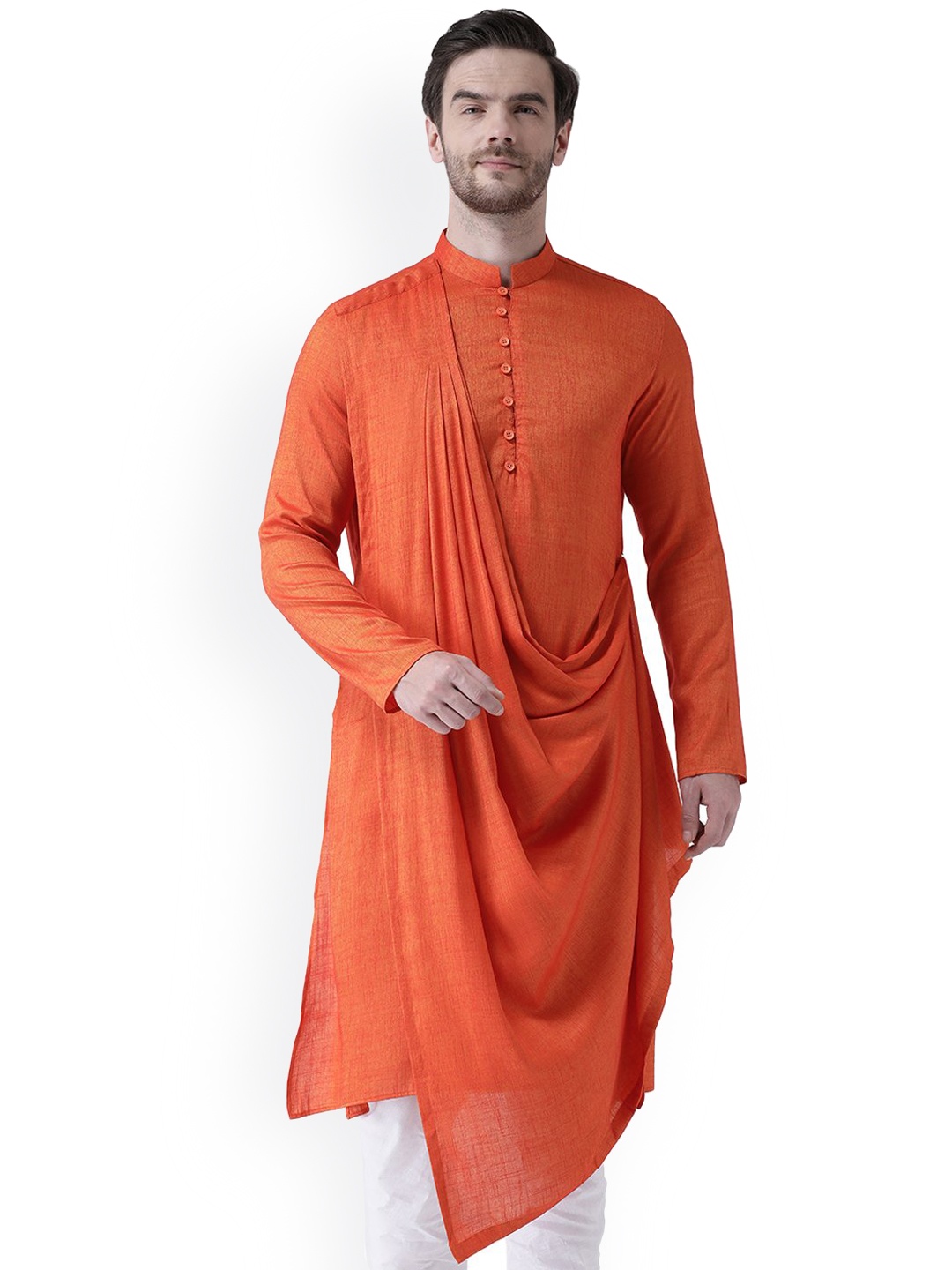 

DEYANN Men Orange Pleated Kurta with Churidar