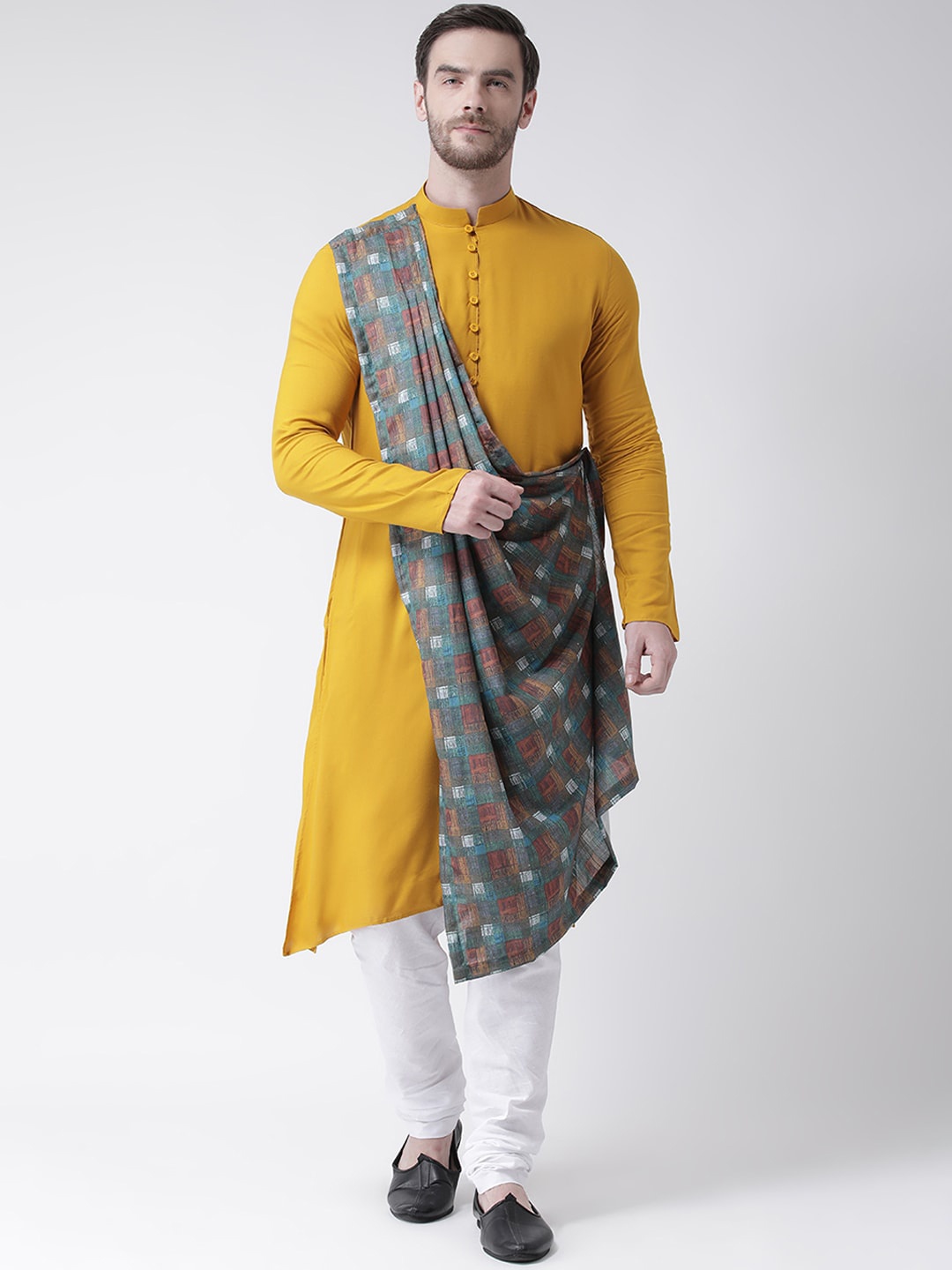 

DEYANN Men Yellow Layered Kurta with Churidar