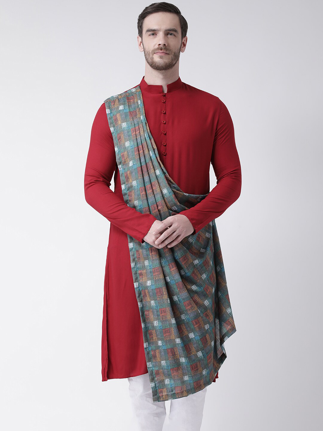 

DEYANN Men Red Printed Layered Kurta with Churidar